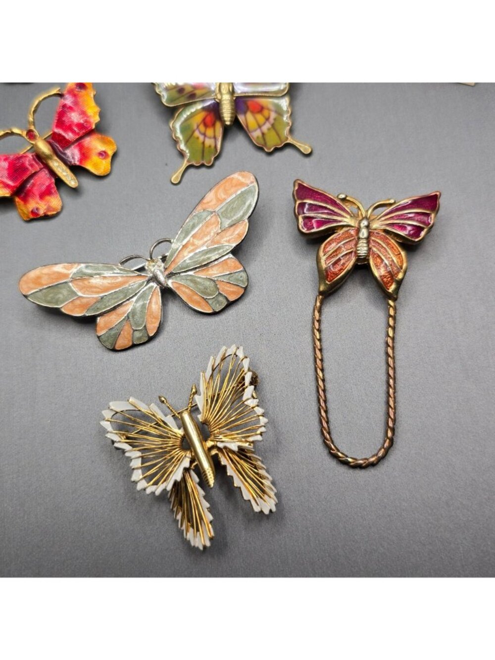 Vintage Butterfly Brooch Lot of 8 Cloisonne Enamel Earrings Gold Tone Statement - Picture 6 of 13